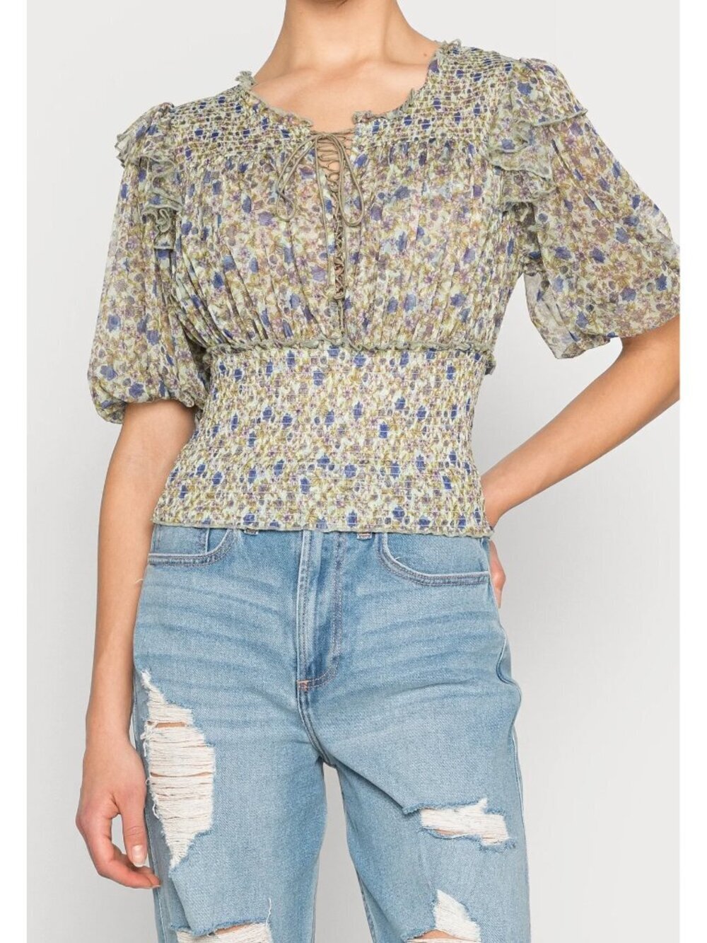 Free People Beatrice Floral Smocked Peasant Blouse Size Medium NWT